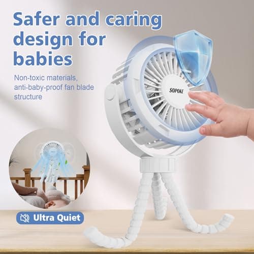 SOPOKE Mini Portable Baby Stroller Fan,3 Speed Personal Handheld Fan,Battery Operated Rechargeable 360° Flexible Tripod Cooling Fan, Suitable for Car Seat Crib Treadmill Golf Cart Travel(Yellow) — view 4
