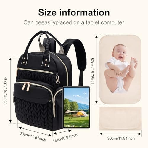 shaojian Baby Changing Bag Backpack, Quilted Waterproof Nappy Bag with Insulated Bottle Pockets & Pram Straps, Large Nappy Backpack with Portable Changing Mat for Travel & Walking(Black) — view 2