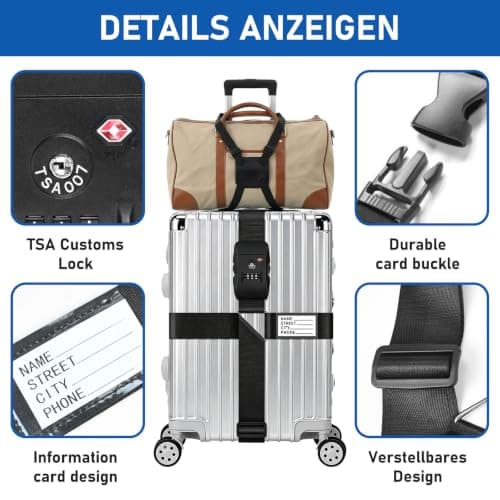 Luggage Straps with TSA Approved Luggage Locks - 2 Pack Set Suitcase Straps & Add A Bag Gurt, Luggage Belt with Lock for University Packing Essentials, Business Travel, Flight Suitcase Accessories — view 3