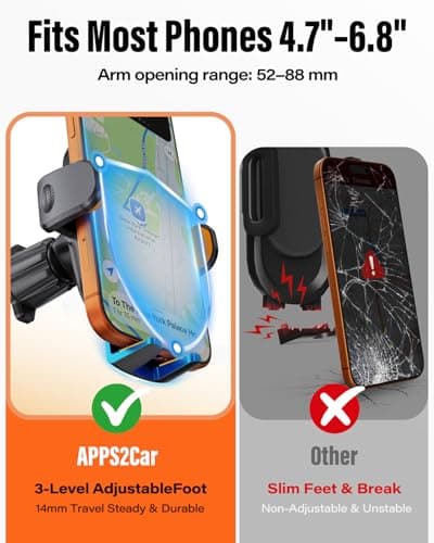 APPS2Car Car Phone Holder for Air Vent, One-Hand Paddle Release Car Mount, Adjustable Clamp Arms, 3-Level Extendable Foot, Anti-Slip Silicone Grip, Fits 4.7-6.8 Inch Smartphones — view 3