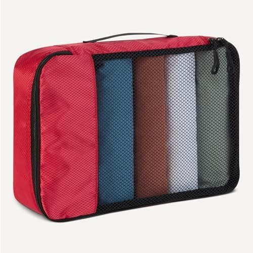 Amazon Essentials 4-Piece Packing Cubes Travel Accessories Set, Luggage Organiser with Double Zip, Mesh Top, Polyester, Small/Medium/Large/Slim, Red (Previously Amazon Basics) — view 4