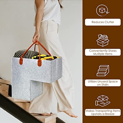 Keyohome Foldable L-shape Stair Basket Organiser, Large Stair Storage Organizer, Large Stair Tidy Basket Storage, Felt Stair Storage Bag with Faux Leather Handles for Laundry Toys Household (Grey) — view 5
