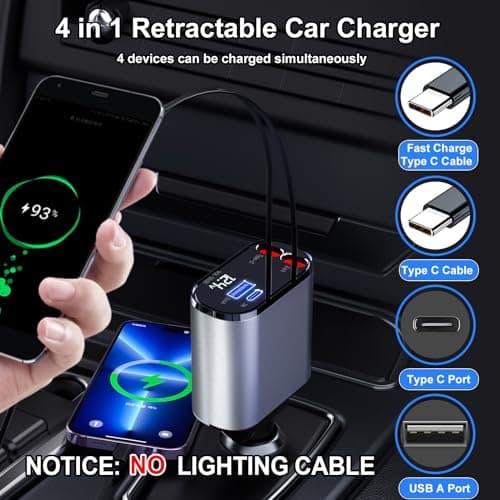 Thlevel Retractable Car Charger 4 in 1 USB C Fast Charger with Dual Type-C Cables (31.5") with Voltage Display Compatible with iPhone 15/15 Pro Max Samsung Galaxy Note — view 4