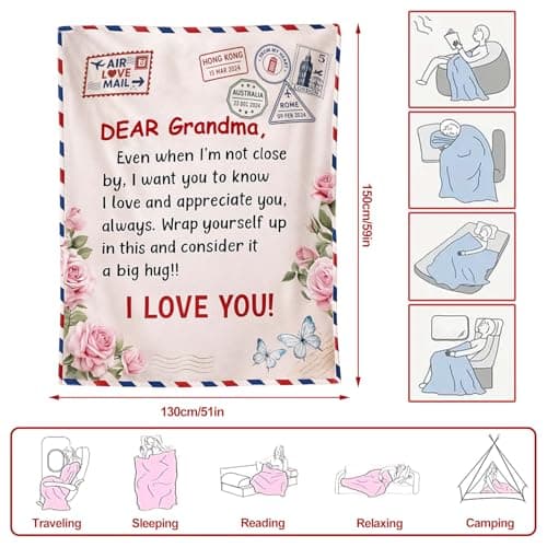 twirush Gifts for Grandma, 60 × 50 in Grandma Gifts from Grandchildren, Unique Design Blanket for Granny on Birthday, Cozy Floral Print Flannel Throw Blankets, Pink — view 2