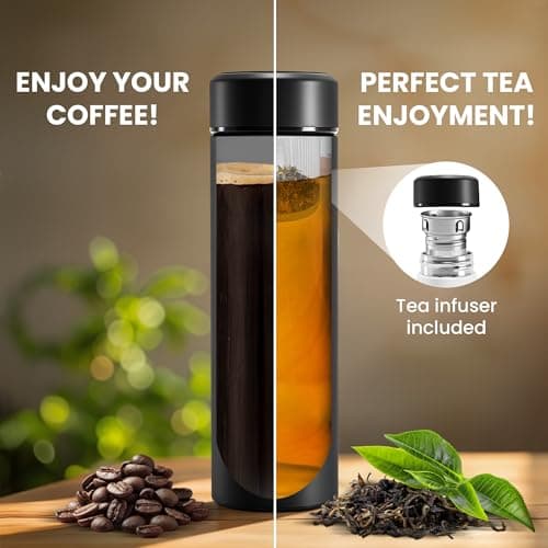 Tea & Fruit Infuser Water Bottle + Strainer + BPA-Free Fruit Insert | Vacuum Insulated 450ml Stainless Steel Flask | Portable Tea & Coffee Tumbler: Office, Outdoor, School, Sports, Bike - Black — view 5