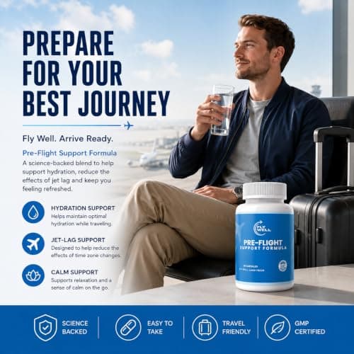 FlyWell Pre-Flight Support Capsules — Travel Supplement with Ashwagandha, Electrolytes, Magnesium, & L-Theanine | Jet Lag, Hydration & Calm Support | GMP Certified | 30 Capsules — view 4