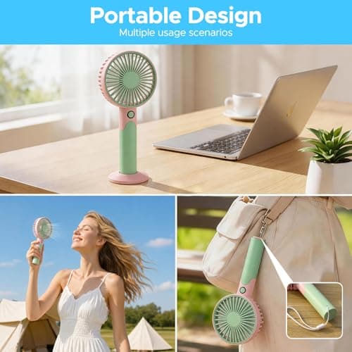 JYPS 2 in 1 Handheld & Desk Fan, USB Rechargeable Pastel Color Mini Fan, 6 Speed Super Powerful, Portable Personal Cooling Fan with Stand Base for Office Travel Outdoor Home(Pink+Green) — view 4