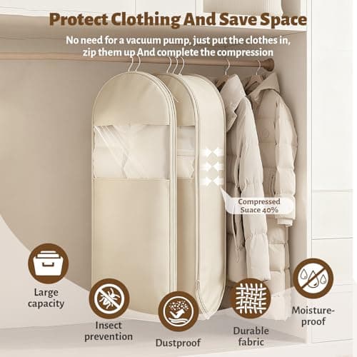 3PCS Space Saving Hanging Garment Bag With Self Compression Zipper,Waterproof Compression Bags For Down Coat For Costume Wardrobe Space Saver — view 2