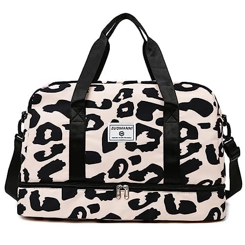 Vllcsla Gym Bag Women 42.43 L Large Capacity, with Wet Pocket & Shoes Compartment, Travel Duffel Weekender Womens, Carry on Overnight Totes Waterproof, Leopard Print, Beige Pink