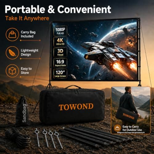 TOWOND Projector Screen and Stand, 120 inch Portable Projection Screen Indoor Outdoor Projector Screen 16:9 4K HD Wrinkle-Free Lightweight Movie Screen with Carry Bag for Backyard Movie Night — view 5