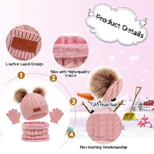 Flintronic 3PCS Kids Beanie Hat Scarf Gloves Set, 3 In 1 Knit Warm Toddler Winter Cap Gloves Neck Warmer, Thick Warm Accessories Sets for Boys Girls of 1-5 Years, Pink — view 3