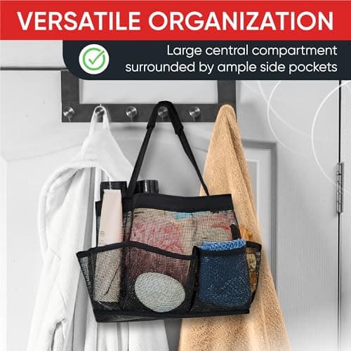 Masirs Shower Caddy Mesh - 9 Pocket Portable Bathroom Organizer Tote for Travel, Gym & Dorm - Collapsible Small Shower Caddy Bag to Hold Toiletries & Essentials (Black) — view 6