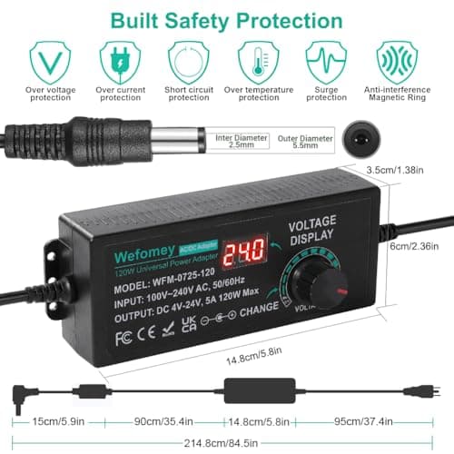 Universal Power Supply 3V~24V 5A 120W Adjustable Variable 3V 5V 9V 12V 18V 20V 24V AC/DC Adapter Charger, 100V-240V AC to DC Converter with 14 Tips, Polarity Converter and 4-Way Power Splitter Cable — view 5