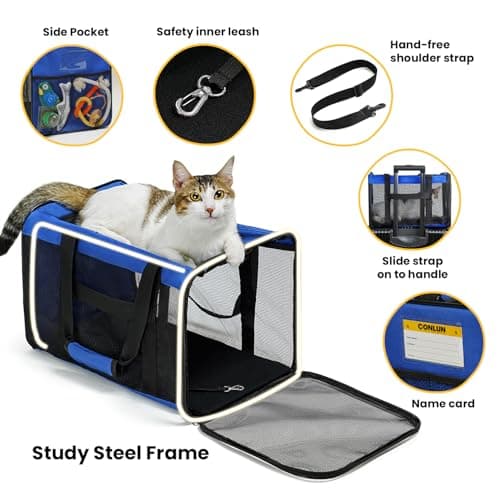Conlun Cat Carrier Bag,Soft-Sided Pet Carriers for Dogs with 4-Sided Mesh,Airline Approved Cat Transport Carrier for Small&Medium Cats Kitten Puppy Up to 6Kg,Collapsible Cat Travel Carrier-M,Blue — view 5