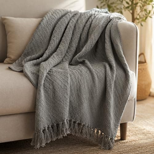 Olivia Rocco Cable Knit Throw Blanket 100% Cotton Soft Warm Knitted Throws for Sofas Couch Bed with Tassel Design 120 x 150 cm, Grey — view 4