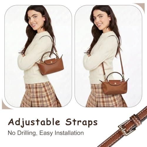 Leather Bag Strap Replacement for Mini Bags, Adjustable No Punch Shoulder Strap with Adapter Kit, PU Leather Crossbody Strap Compatible with Handbags, Shoulder Bags and Purse, 37-49 Inches Brown — view 5