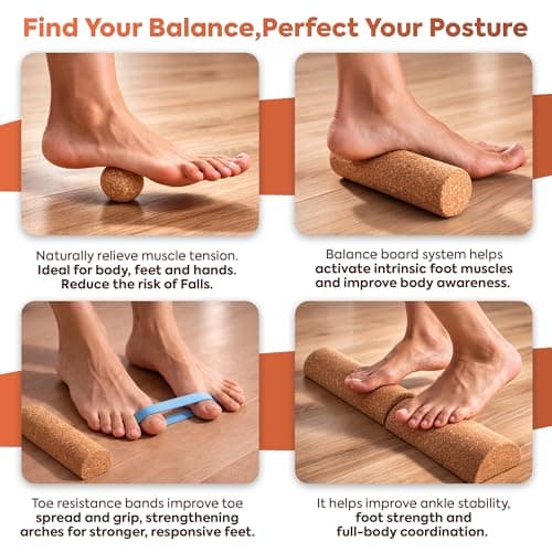 Magalionis Cork Balance Board 5 in 1 Set - Cork Wobble Axis Board with Massage Roller & Balance Ball & Physio Bands - Foot & Ankle Strengthener - Pilates Equipment with Yoga Blocks for Home Exercise — view 5