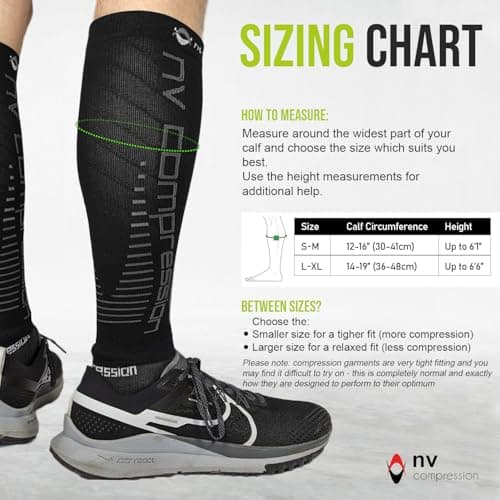 NV Compression Essential Race and Recover Calf Guards/Sleeves (PAIR) 20-30mmHg - For Sports Recovery, Shin Splints, Medical, Work, Flight - Running, Cycling, Gym (Black/Grey Stripes, S-M) — view 3
