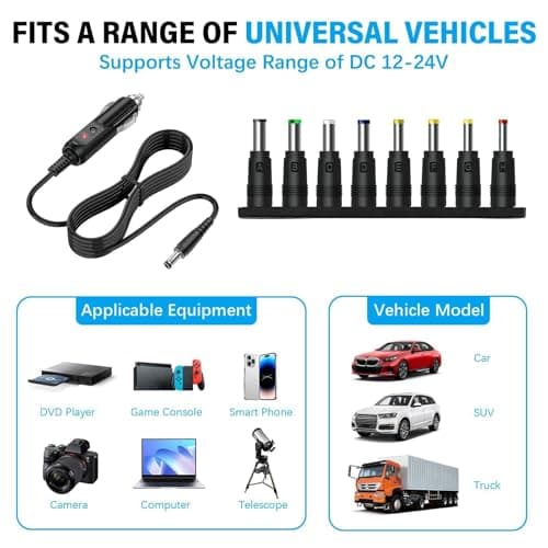 12V DC Car Plug Adapter, Cigarette Lighter Cable with 8Connectors 5.5x2.1mm — view 3