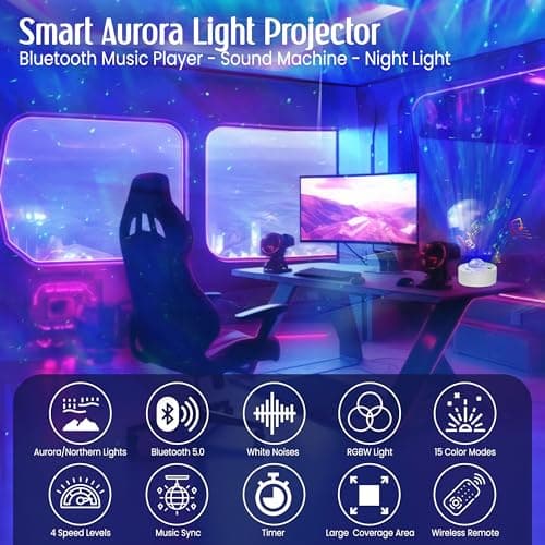 Northern Lights Aurora Sensory Light Star Projector Galaxy Projector with White Noise Machine, Bluetooth, Remote, Timer, Led Lights for Bedroom Decor Bedside Lamp Bedroom Accessories Women/Girls Gifts — view 5