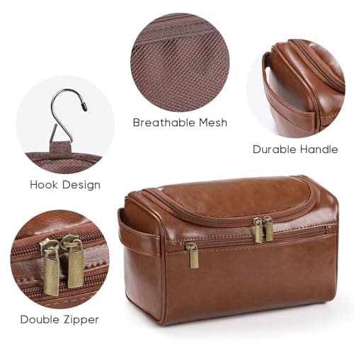 Leather Toiletry Bag, Etercycle Hanging Wash Bag PU Travel Toiletry Bag Waterproof Bathroom Bag for Men and Women Travel Makeup Organizer (Brown) — view 4
