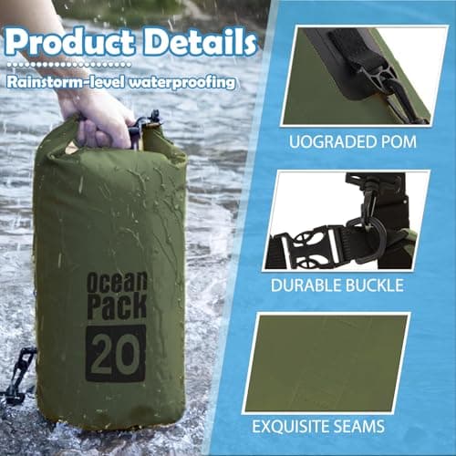 MOMAHUA 15L Waterproof Dry Bag Backpack with Double Shoulder Straps - Sage Green Durable PVC Roll Top Dry Sack - Heavy Duty Reusable Rucksack for Kayaking, Boating, Beach & Travel — view 3