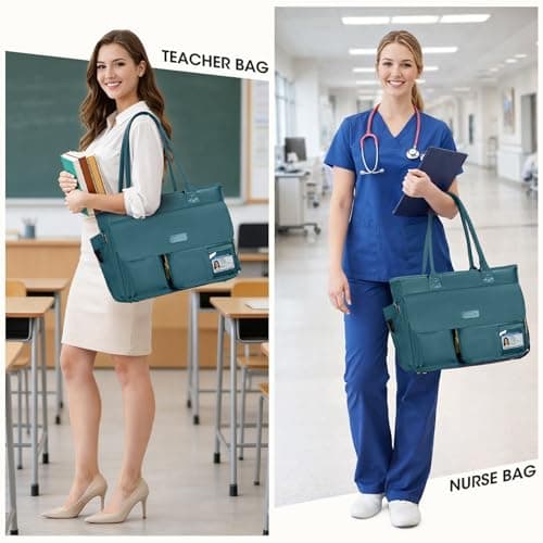 RAINSMORE Teacher Tote Bag for Women with Lunch Compartment Large 15.6 Inch Laptop Bag Nurse Bag with Insulated Section Water-Resistant Work Handbag for Office, College, Travel, Green — view 2