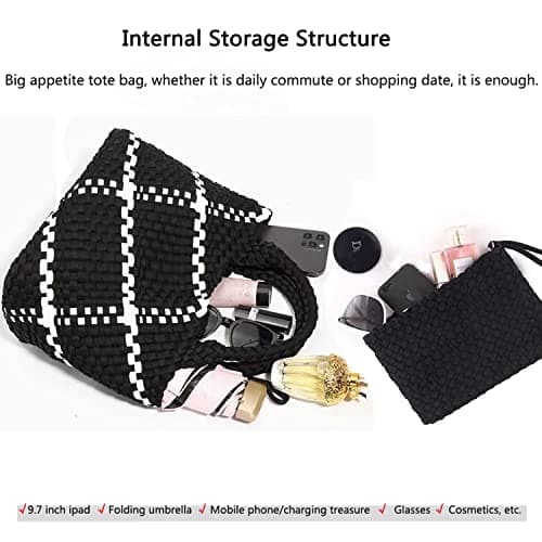 JINMANXUE Fashion Hobo Bag Handmade Woven Casual Female Handbag Large Capacity Neoprene Tote Bag Patchwork Women Shoulder Bags, Khaki — view 6