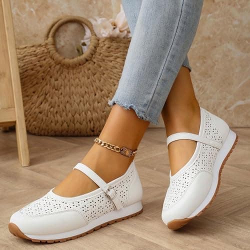 Women's Vintage Perforated Mary Jane Sneakers Chic Buckle Loafers Breathable Walking Shoes for Travel and Weekend Trips White — view 2