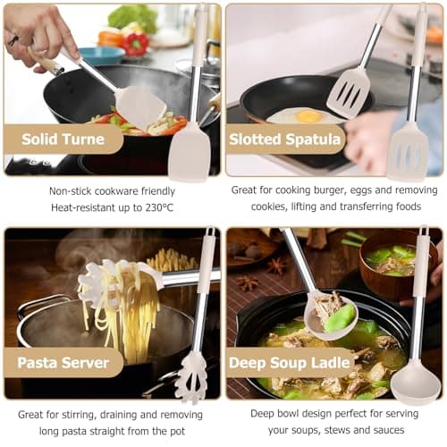 HaWare Kitchen Utensils Set, 6 Pcs Silicone Cooking Utensils with Stainless Steel Handle, Heat Resistant Kitchen Tools for Non-Stick Cookware, Ladle Turner Spoon Pasta Server, Dishwasher Safe - Khaki — view 5