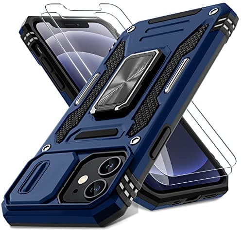 DEERLAMN for iPhone 12 Case,iPhone 12 Pro Case with Slide Camera Cover+Screen Protector(2 Packs),Rotated Ring Kickstand Military Grade Shockproof Protective Cover-Navy Blue