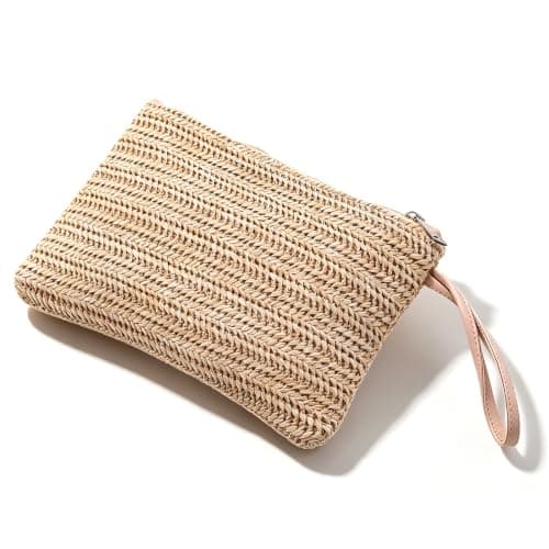 Dooaqiin Bohemian Straw Bags for Women UK, Woven Raffia Clutch Purse with Zipper Wristlet, Summer Beach Handbag for Vacation, Travel and Daily Use, Khaki