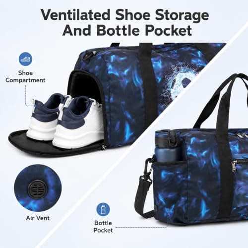 Kids Duffle Bag Girls Overnight Travel Sport Gym Bag Weekender Carry On Shoulder Bag with Shoe Compartment & Wet Pocket, Football Black Blue, L, Kids Duffle Bag — view 6
