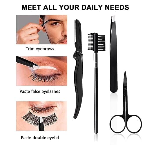 MUNSKT Eyebrow Grooming Kit, 5PCS Stainless Steel Set with Travel Case, Tweezers, Scissors, Eyebrow Pencil, Razor, Eyebrow Brush Comb, Thrush Template for Women Men — view 4