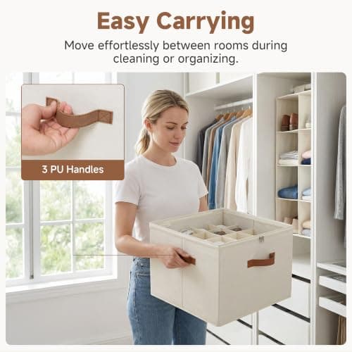 StorageWorks Shoe Organiser for Closet, Fits up to 16 Pairs, Fabric Shoe Organiser Box, Shoe Storage Organiser with Adjustable Dividers and Clear Cover, Wardrobe Shoe Storage Containers, Beige — view 2