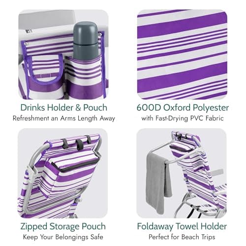 Trail Low Reclining Beach Chair, 4 Positions, Purple Stripes — view 6