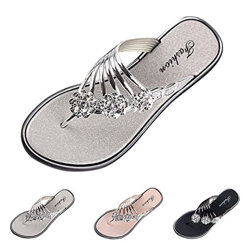 Women's Sparkly Flip Flops Diamante Sandals Glitter Slides Mules Thong Flat Shoes Summer Beach Travel Stylish Comfortable Lightweight Casual Holiday Footwear UK 4.5-6 (Silver, 6) — view 6