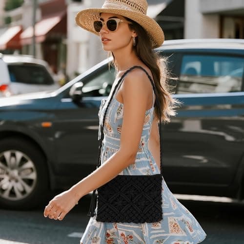 Sahunfri Straw Crossbody Bag for Women Bohemian Shoulder Bag Woven Crochet Purse For Summer Beach Travel Clutch Handbag (Black) — view 3