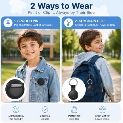 Kids GPS Tracker (Compatible with iOS & Android),No Monthly Fee Anti-Lost Tracker Mini for Children,Tracking Device with Pin Clip for Backpack Strap Holder, Clothing, School Bag-Black — view 3