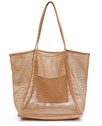 Hoxis Mesh Beach Tote Womens Shoulder Handbag, Tan, Large