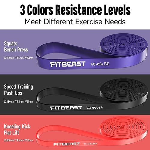 FitBeast Pull Up Bands Set, 3 Different Levels Resistance Band Pull Up for Calisthenics, Bodyweight Training, Powerlifting, Muscle Toning, Yoga, Stretch Mobility (Red Black Purple 15-80 LBS) — view 2