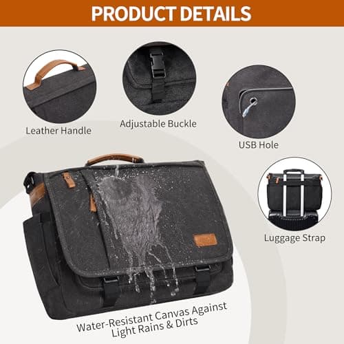 Estarer Messenger Bag 17.3 Inch Upgraded, Water-resistant Canvas Laptop Bag, Computer Shoulder Bag for College Travel Work, Dark Grey — view 5