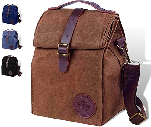 ASEBBO Insulated Lunch Bag for Men, Women - 10L Waxed Canvas Cool Bag with Genuine Leather Handle and Strong Buckle Closure, Reusable Lunch Cooler Bag for Adults Work School Picnic Food (Brown)