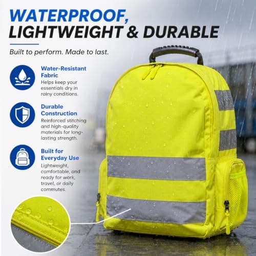High Visibility Reflective Safety Backpack – Hi Vis Rucksack with Reflective Strips,Waterproof Lightweight & Durable – Ideal for Work, Cycling, School, Outdoor Use (Yellow With Stripes) — view 3