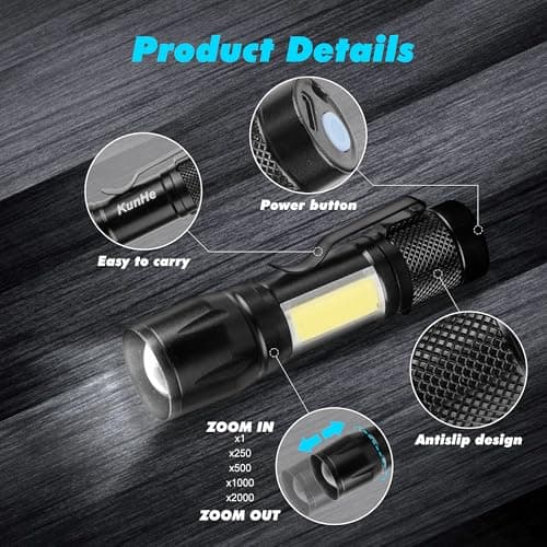 KunHe 10 Pack USB-C Rechargeable Mini LED Torch, Compact High Lumen EDC Torches with COB Side Light, Zoomable Clip-On Torch for Camping, Emergencies & Gifts — view 4
