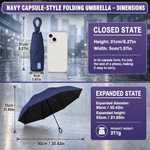 HUA JET Mini Umbrella for Women - UPF 50+ UV Protection, Sun & Rain Dual Use, Ultra-Compact Pocket Size, Lightweight Foldable Travel Umbrella with Case, Portable Shade for Beach, Commute (Navy) — view 2
