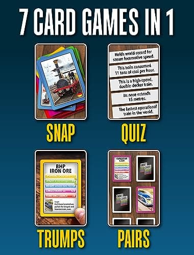 Smart Cards Trains, Gift, Stocking Filler, Travel Card Game, 7 games in 1, Pairs, Snap, Trumps, Rummy, Memory Quiz, Trivia, Age 5+, 1-8 Players — view 3