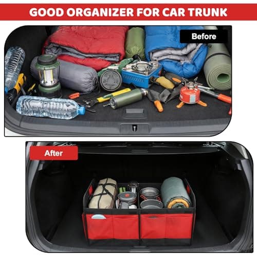 Car Boot Organiser - Foldable Car Boot Bag Car Trunk Organizer Storage Collapsible Trunk Organizer for most Cars, Waterproof Multi-Compartment Collapsible with Reinforced Base, Strong Handles(Red) — view 4