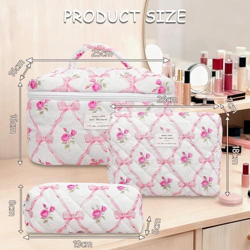 Aucuu 3PCS Coquette Makeup Bag, Quilted Makeup Bag for Women, Floral Cotton Cosmetic Bag Set, Large Capacity Aesthetic Floral Toiletry Bag, Travel Toiletry Bag, Wash Organizer Pouch for Women Girls — view 2