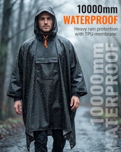 Poncho Waterproof Adult Plus Size New with Zipper Design Rain Poncho Waterproof Poncho Reusable Hooded For Hiking Camping Festivals Travel Lightweight Unisex Ponchos Festival Poncho Waterproof Black — view 3